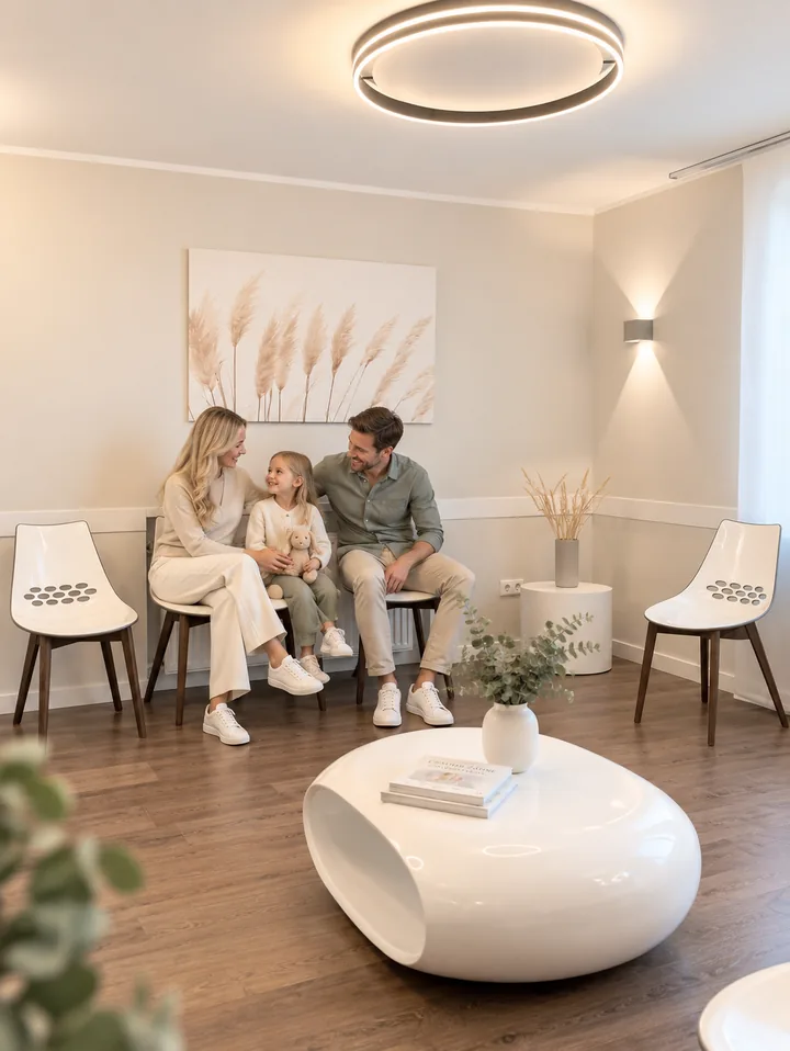 Illustrative Darstellung einer Familie im Wartebereich